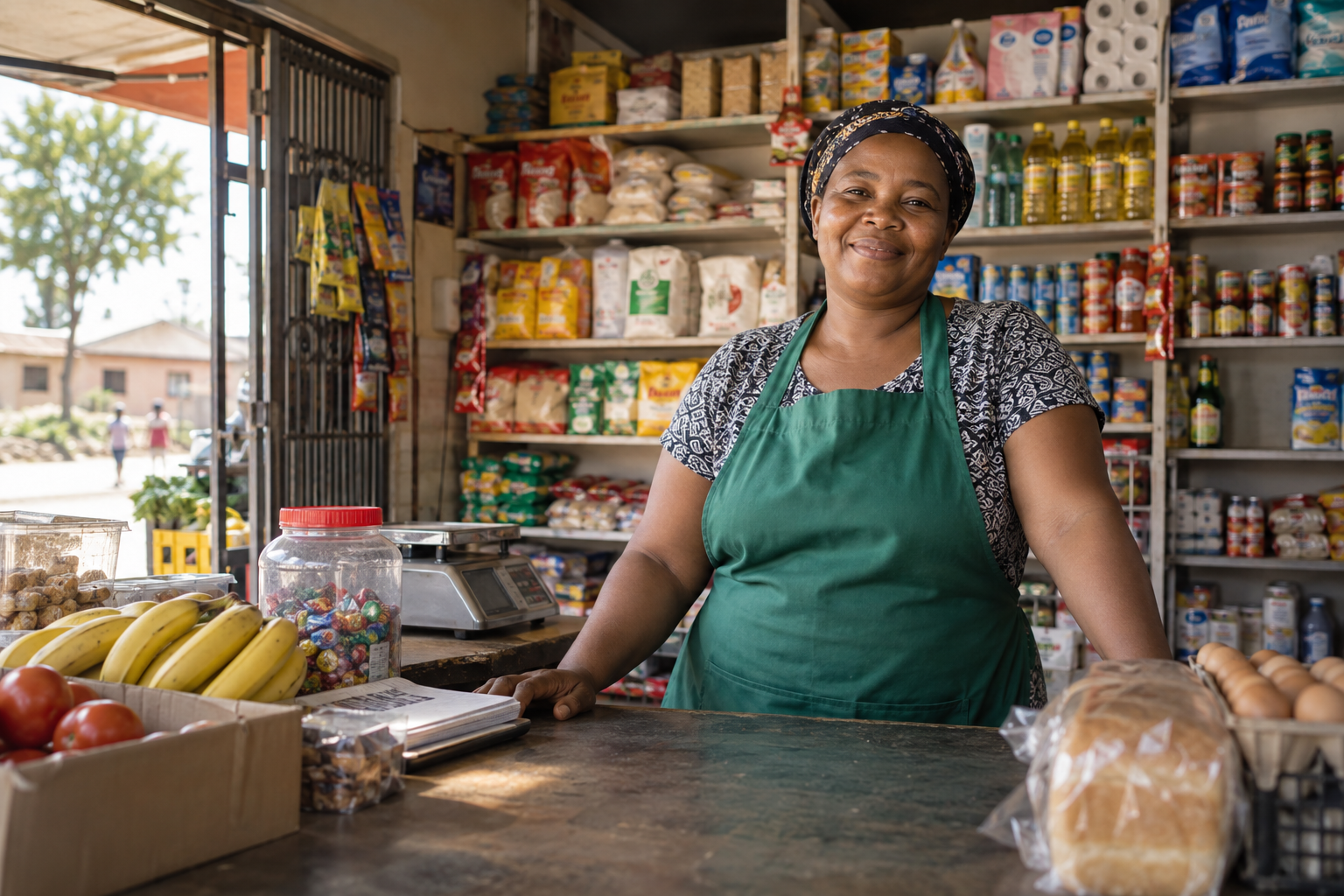 Illustration of a welcoming South African spaza shopkeeper at her well-stocked counter